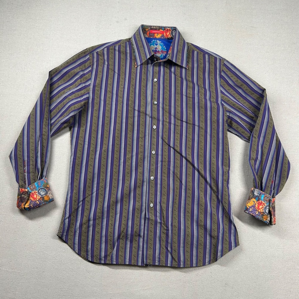 Robert Graham Shirt Mens M Flip Cuff Coins Money Striped Preppy Loud Cotton